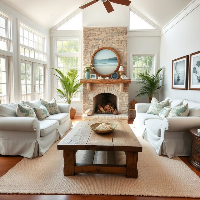 A cozy living room designed in a beach style, featuring large windows allowing ample natural light, soft pastel-colored walls, and woven surf-themed decor