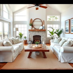 A cozy living room designed in a beach style, featuring large windows allowing ample natural light, soft pastel-colored walls, and woven surf-themed decor