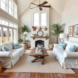 A cozy living room designed in a beach style, featuring large windows allowing ample natural light, soft pastel-colored walls, and woven surf-themed decor