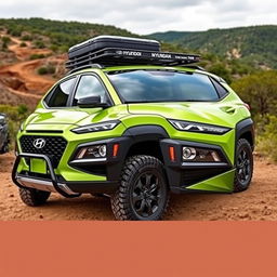 A striking lime green 2020 Hyundai Kona designed for offroad adventures, featuring a robust roof rack for extra storage