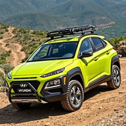 A striking lime green 2020 Hyundai Kona designed for offroad adventures, featuring a robust roof rack for extra storage