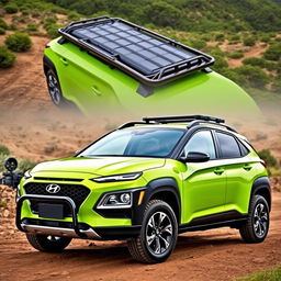 A striking lime green 2020 Hyundai Kona designed for offroad adventures, featuring a robust roof rack for extra storage