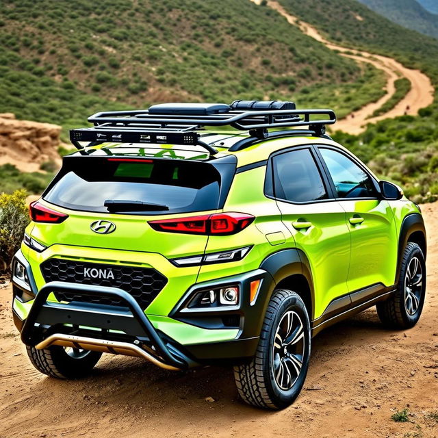 A striking lime green 2020 Hyundai Kona designed for offroad adventures, featuring a robust roof rack for extra storage