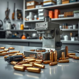 A close-up, detailed depiction of a bullet comparator in a forensic laboratory setting