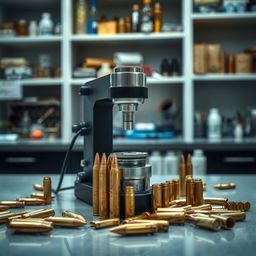 A close-up, detailed depiction of a bullet comparator in a forensic laboratory setting