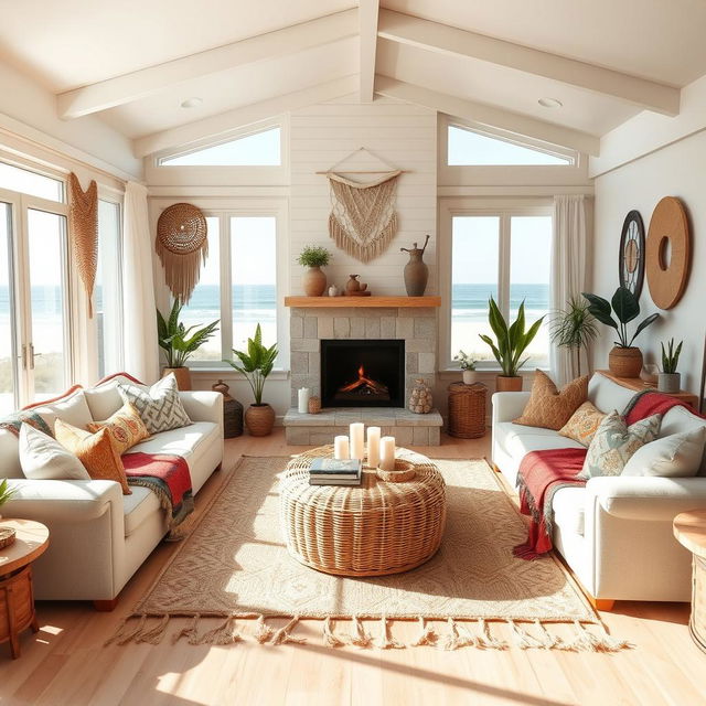 A cozy beach house living room decorated in a boho chic style, featuring a stylish fireplace as the focal point