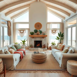 A cozy beach house living room decorated in a boho chic style, featuring a stylish fireplace as the focal point
