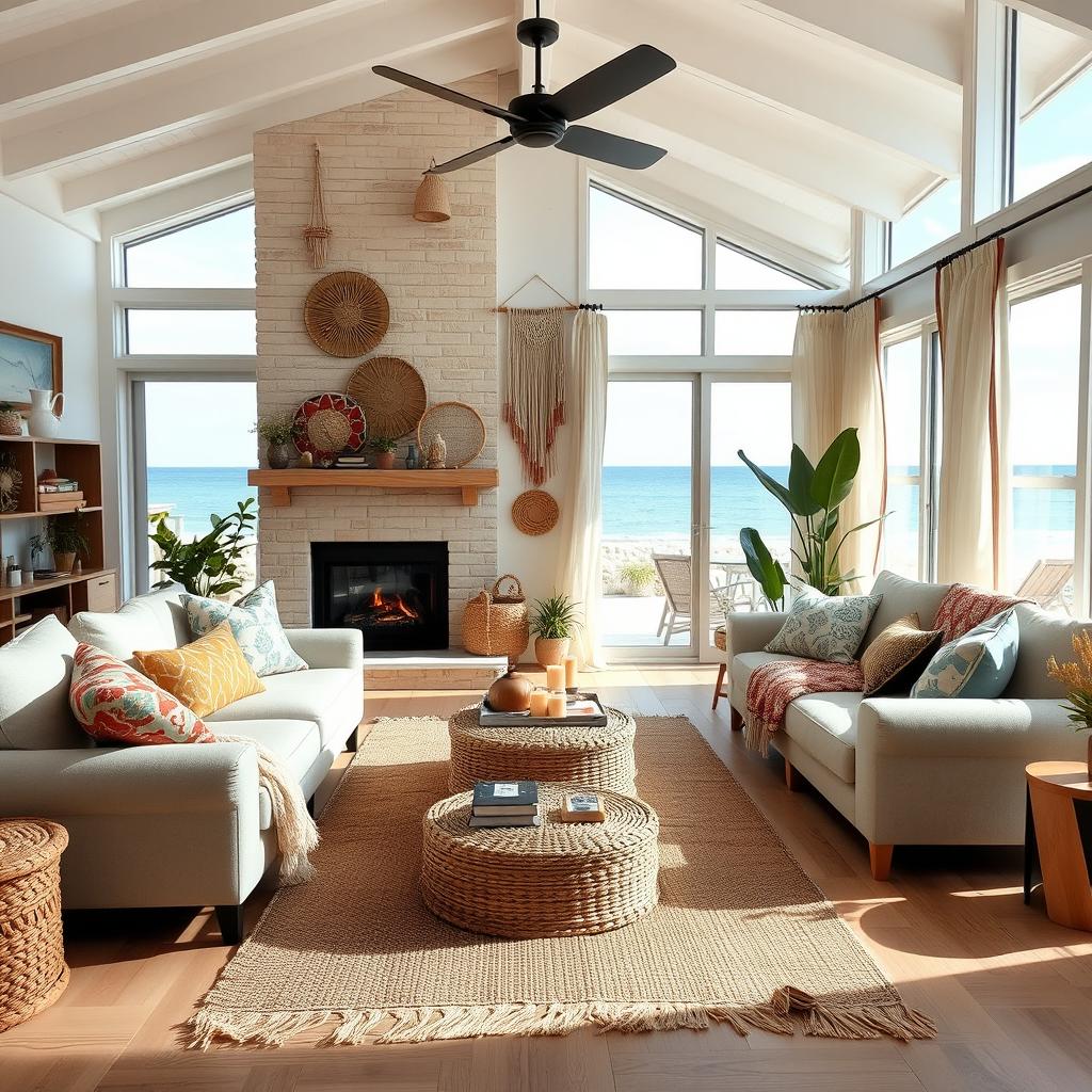 A cozy beach house living room decorated in a boho chic style, featuring a stylish fireplace as the focal point