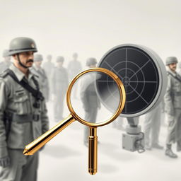 A detailed background depicting IRGC military personnel in a soft pale gray tone, showcasing their uniforms and an air of authority and discipline