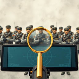 A detailed background depicting IRGC military personnel in a soft pale gray tone, showcasing their uniforms and an air of authority and discipline