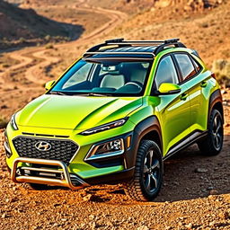 A vibrant lime green 2020 Hyundai Kona parked on a rugged offroad terrain