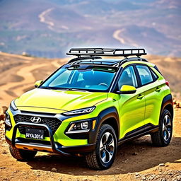 A vibrant lime green 2020 Hyundai Kona parked on a rugged offroad terrain