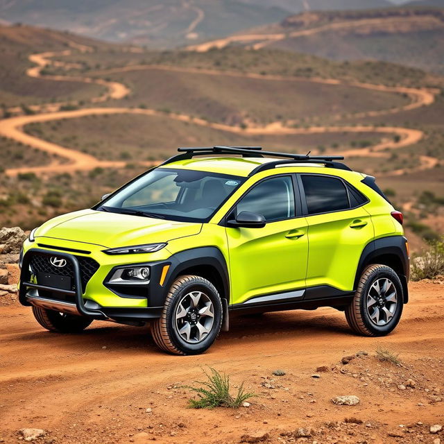 A vibrant lime green 2020 Hyundai Kona parked on a rugged offroad terrain