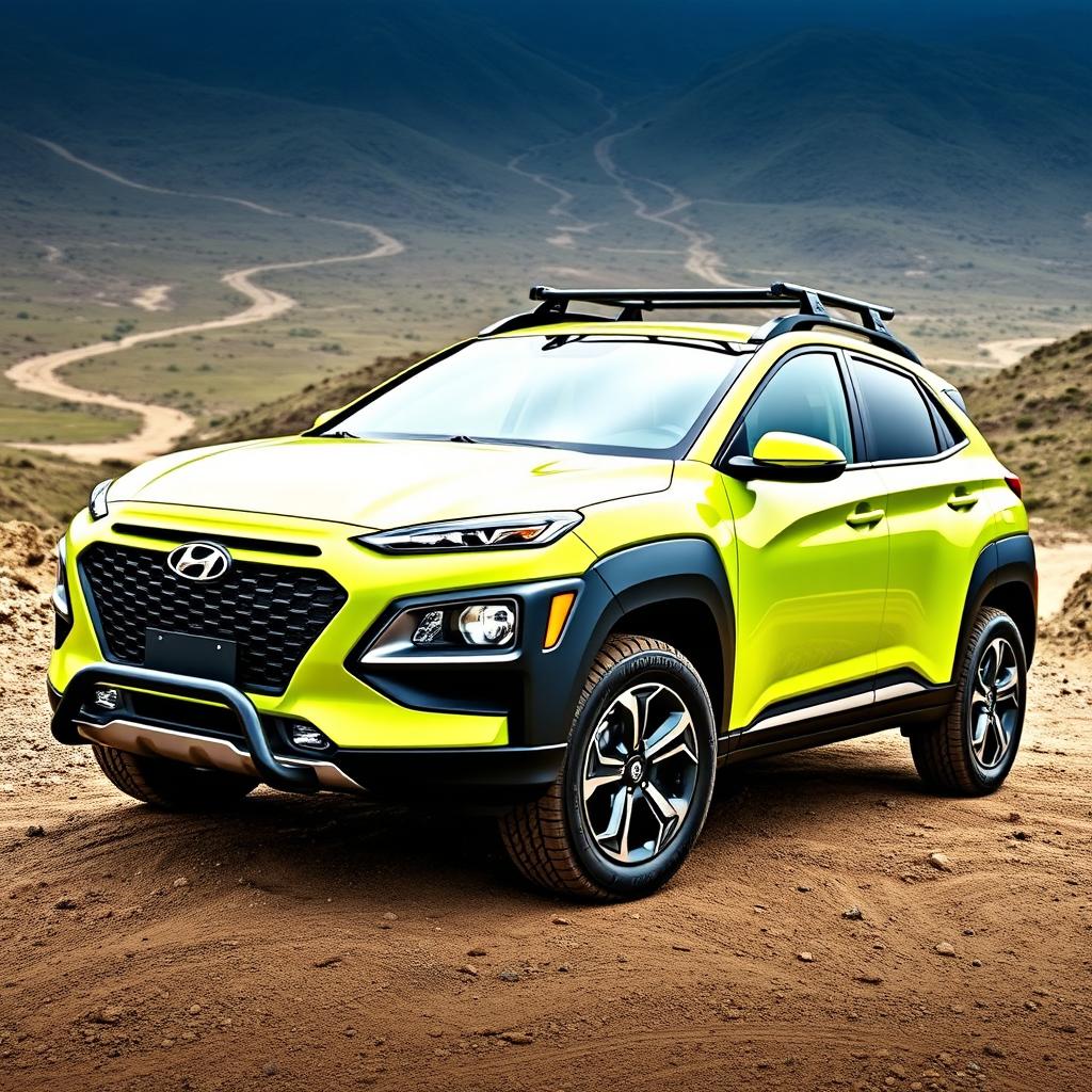 A vibrant lime green 2020 Hyundai Kona parked on a rugged offroad terrain