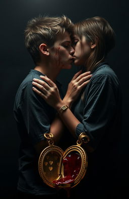 A dramatic scene depicting a young teenage couple in a moment of blood-soaked violence and despair, set against a dark themed backdrop