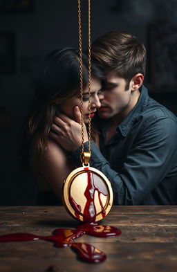 A dramatic scene depicting a young teenage couple in a moment of blood-soaked violence and despair, set against a dark themed backdrop