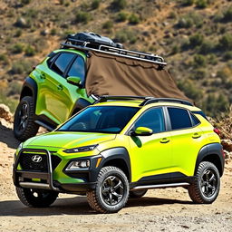 A stunning offroad scene featuring a lime green 2020 Hyundai Kona