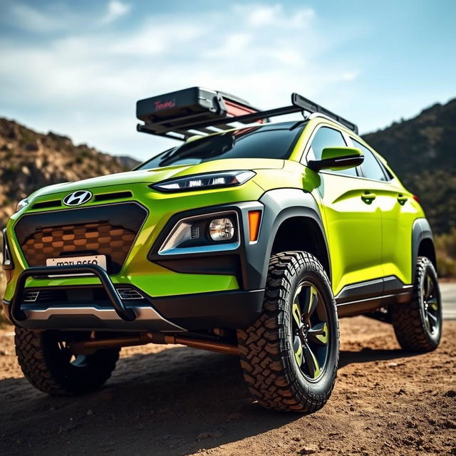 A stunning offroad scene featuring a lime green 2020 Hyundai Kona