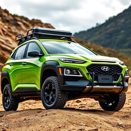 A stunning offroad scene featuring a lime green 2020 Hyundai Kona