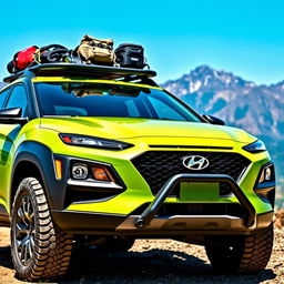 An offroad adventure scene featuring a striking lime green 2020 Hyundai Kona