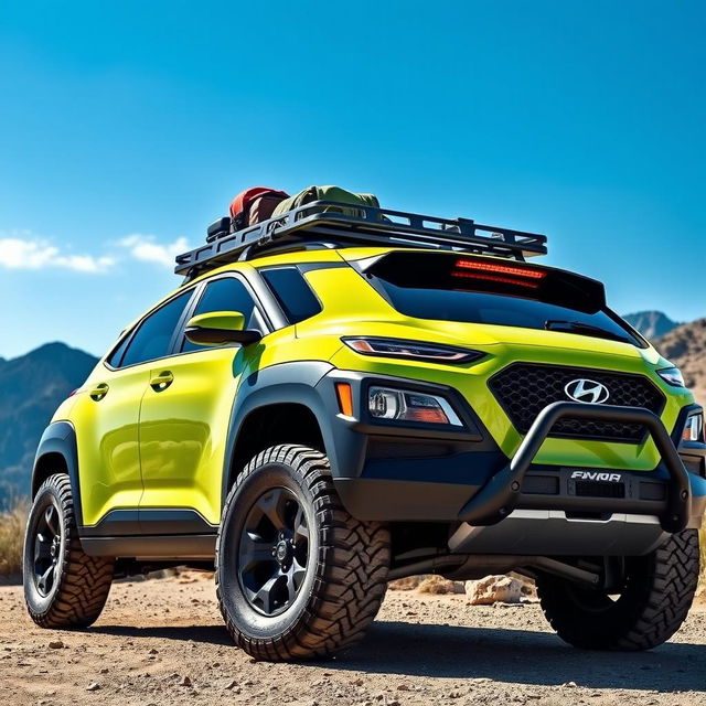 An offroad adventure scene featuring a striking lime green 2020 Hyundai Kona