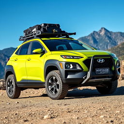 An offroad adventure scene featuring a striking lime green 2020 Hyundai Kona