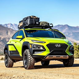 An offroad adventure scene featuring a striking lime green 2020 Hyundai Kona