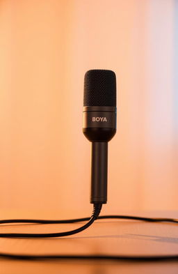 A sleek digital Boya microphone positioned upright on a table facing west, its long wire gracefully cascading down to the floor, creating an elegant visual of modern audio gear