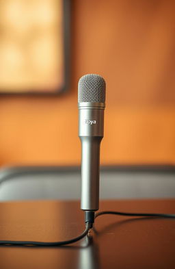 A sleek digital Boya microphone positioned upright on a table facing west, its long wire gracefully cascading down to the floor, creating an elegant visual of modern audio gear