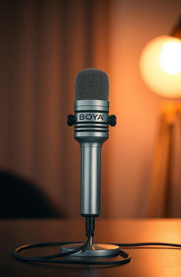 A sleek digital Boya microphone positioned upright on a table facing west, its long wire gracefully cascading down to the floor, creating an elegant visual of modern audio gear