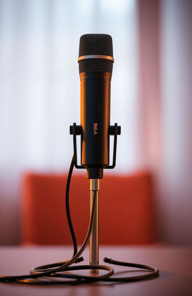 A sleek digital Boya microphone positioned upright on a table facing west, its long wire gracefully cascading down to the floor, creating an elegant visual of modern audio gear