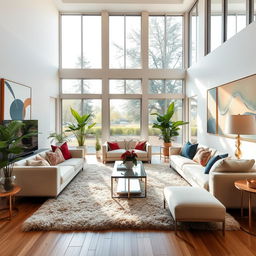 A spacious and beautiful living room with modern décor, featuring elegant furniture, large windows allowing natural light to flood the room, and stylish art pieces on the walls