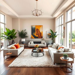 A spacious and beautiful living room with modern décor, featuring elegant furniture, large windows allowing natural light to flood the room, and stylish art pieces on the walls