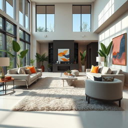 A spacious and beautiful living room with modern décor, featuring elegant furniture, large windows allowing natural light to flood the room, and stylish art pieces on the walls