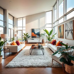 A spacious and beautiful living room with modern décor, featuring elegant furniture, large windows allowing natural light to flood the room, and stylish art pieces on the walls