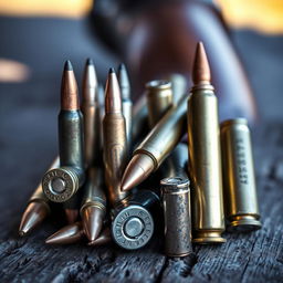 A visually striking close-up of various types of ammunition displayed on a rustic wooden surface