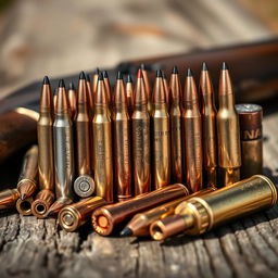 A visually striking close-up of various types of ammunition displayed on a rustic wooden surface