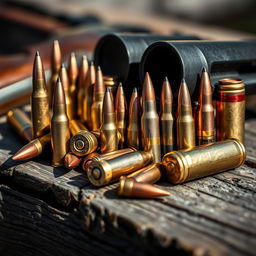 A visually striking close-up of various types of ammunition displayed on a rustic wooden surface