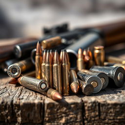 A visually striking close-up of various types of ammunition displayed on a rustic wooden surface