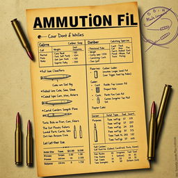An artistic representation of an ammunition file, featuring a detailed view of a digitally designed document containing information about various types of ammunition