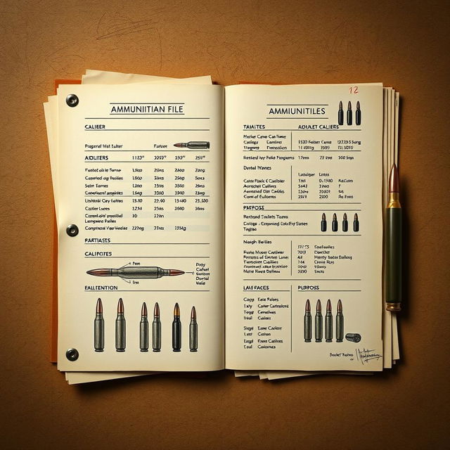 An artistic representation of an ammunition file, featuring a detailed view of a digitally designed document containing information about various types of ammunition