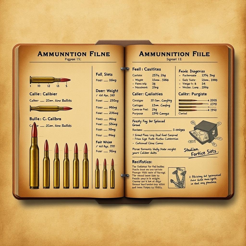 An artistic representation of an ammunition file, featuring a detailed view of a digitally designed document containing information about various types of ammunition