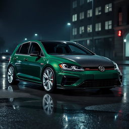 A dark green four-door MK7 Volkswagen Golf R parked in a dark city setting