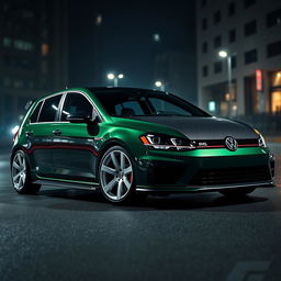 A dark green four-door MK7 Volkswagen Golf R parked in a dark city setting