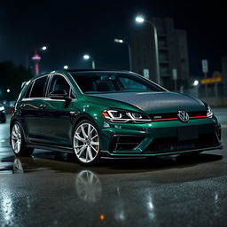 A dark green four-door MK7 Volkswagen Golf R parked in a dark city setting