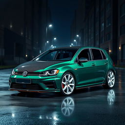 A dark green four-door MK7 Volkswagen Golf R parked in a dark city setting