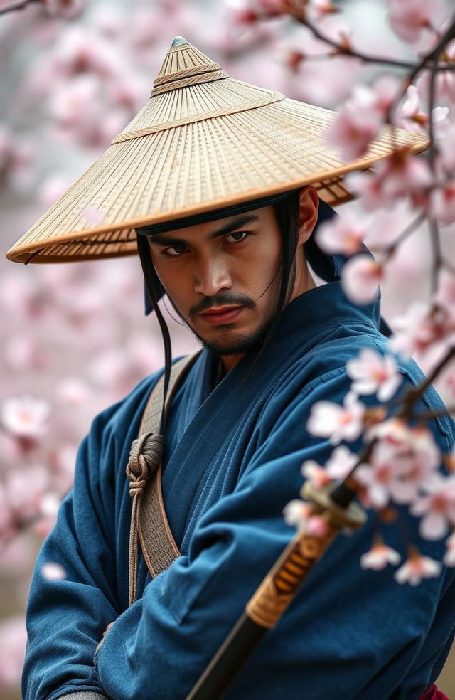 A samurai positioned in the bottom right corner of the screen, wearing a traditional Vietnamese conical hat that obscures his eyes, dressed in blue attire inspired by Sengoku era Japanese samurai