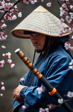 A samurai positioned in the bottom right corner of the screen, wearing a traditional Vietnamese conical hat that obscures his eyes, dressed in blue attire inspired by Sengoku era Japanese samurai