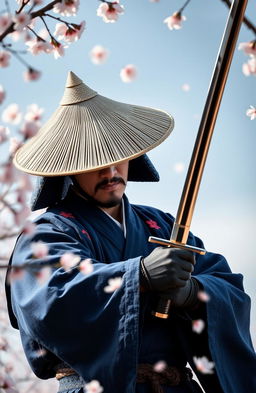 A samurai positioned in the bottom right corner of the screen, wearing a traditional Vietnamese conical hat that obscures his eyes, dressed in blue attire inspired by Sengoku era Japanese samurai