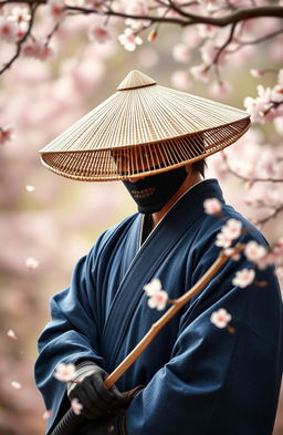 A samurai positioned in the bottom right corner of the screen, wearing a traditional Vietnamese conical hat that obscures his eyes, dressed in blue attire inspired by Sengoku era Japanese samurai